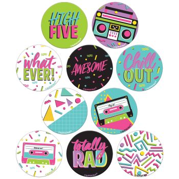 Colorful retro stickers with 80s and 90s slang and designs.