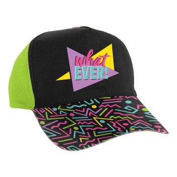 Colorful 'Whatever!' cap with neon and geometric patterns.