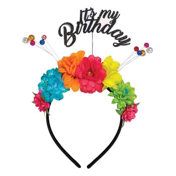 Colorful floral birthday headband with 'It's my Birthday' text.