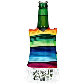 Colorful knitted bottle cozy with rainbow stripes and fringe.