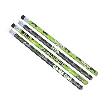 Video game-themed pencils with vibrant designs.