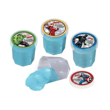 Blue putty containers with superhero designs.