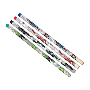 Colored pencils with superhero designs.