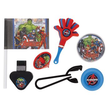 Avengers-themed party favors and toys assortment.