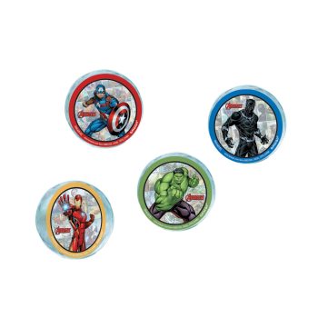 Superhero-themed yo-yos with colorful designs.