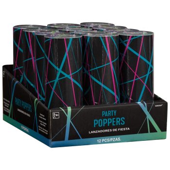 Box of colorful party poppers display.