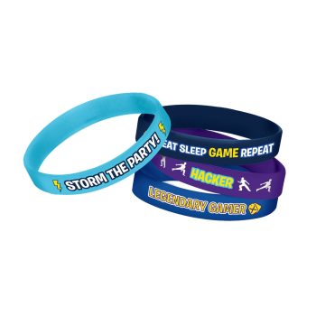 Colorful gamer-themed wristbands with motivational phrases.
