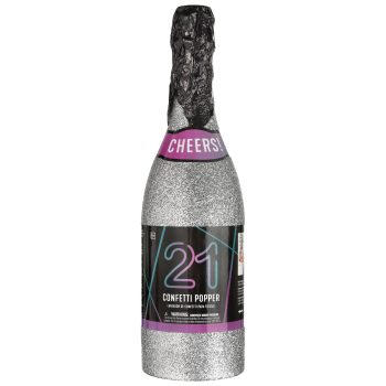 Silver confetti popper shaped like champagne bottle.