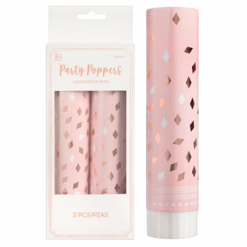 Pink party poppers with geometric patterns.