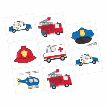 Emergency vehicles and gear illustrations on cards.