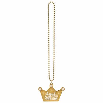 Gold crown necklace with text "Aged to Perfection".
