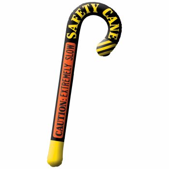 Safety cane with cautionary text and stripes.