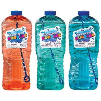 Three bottles of colorful bubble solution.