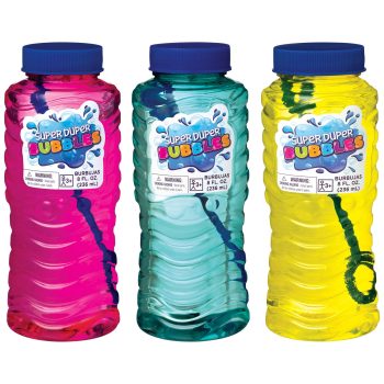 Three colorful Super Duper Bubbles bottles.