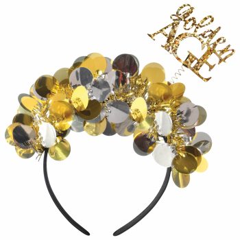 Gold and silver sequin headband with text.
