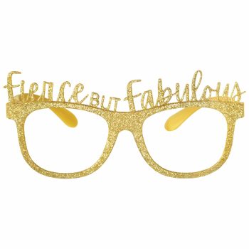Gold glitter glasses with "Fierce but Fabulous".