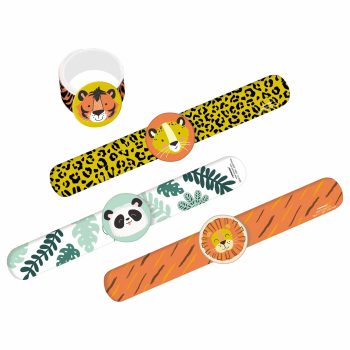 Animal-themed slap bracelets with cartoon designs.