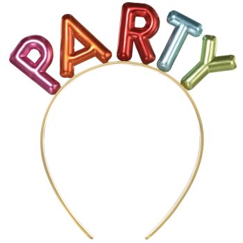 Party headband with colorful letters.