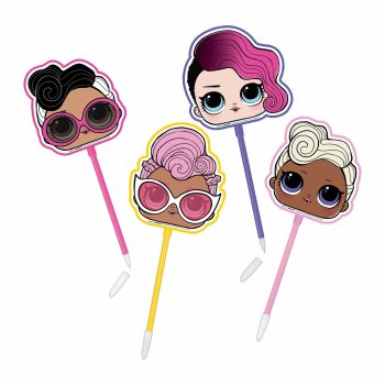 Colorful character pen toppers with sunglasses.