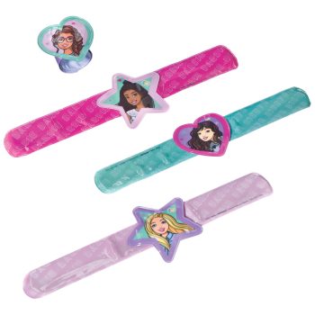 Colorful slap bracelets with cartoon characters.