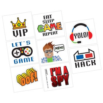 Gaming-themed stickers with various playful phrases.