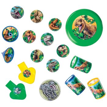 Dinosaur-themed party favors and toys assortment.