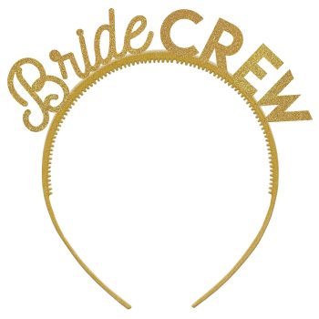 Gold headband with 'Bride Crew' text for bridal party.
