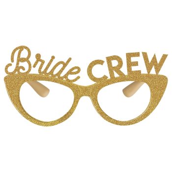 Gold glittery glasses reading 'Bride Crew' for bridal party fun.