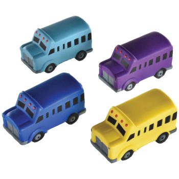 Colorful toy buses in four different colors.