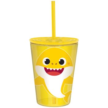 Yellow shark-themed cup with straw.