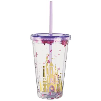 Castle-themed tumbler with pink straw.