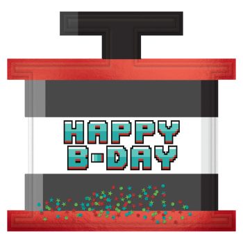Pixelated "Happy B-Day" with stars.