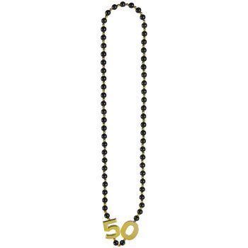 Black beaded necklace with gold "50" pendant.