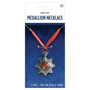 Dark Side medallion necklace with red ribbon.