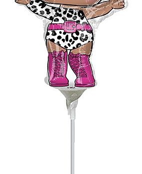 Pink and white spotted animal print shoe on a stick.