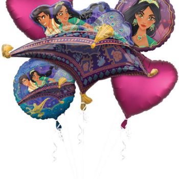 Colorful balloons featuring Aladdin and Jasmine from Disney's Aladdin.