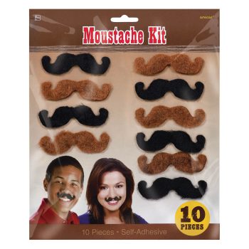 Set of 10 adhesive mustache stickers in various styles and colors.