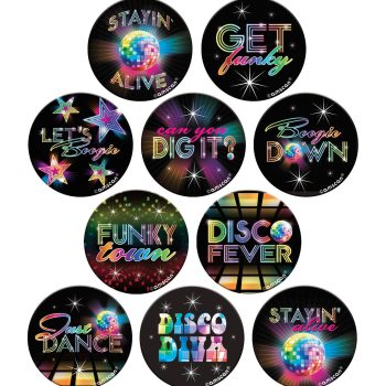 Colorful disco-themed stickers with dance and music phrases.