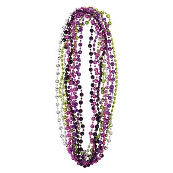 Colorful strands of Mardi Gras beads in purple, green, and gold.
