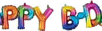 Colorful foil balloons spelling 'BYE'.