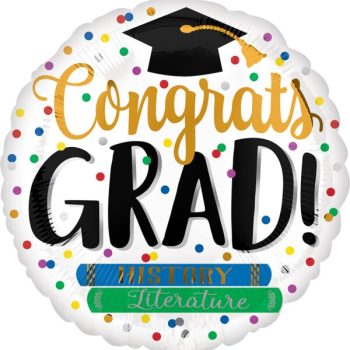 Graduation balloon with books and confetti.