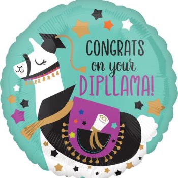 Colorful balloon congratulating on diploma with llama illustration.