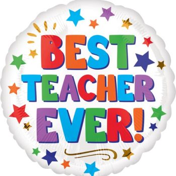Colorful balloon saying 'Best Teacher Ever!' with stars.