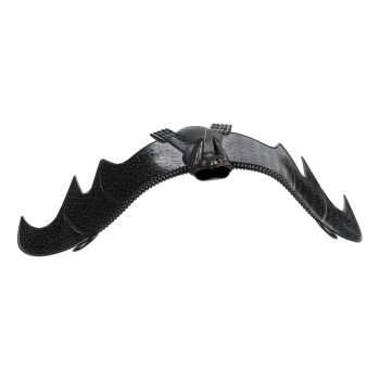 Black bat-shaped toy with red eyes.