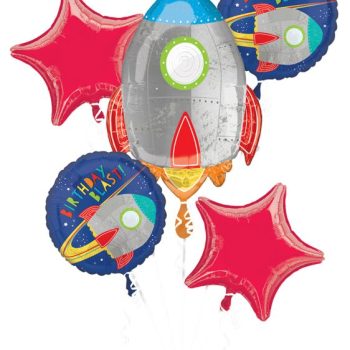 Colorful rocket and star-shaped balloons for a space-themed party.