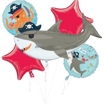 Pirate-themed shark and octopus balloons arrangement.