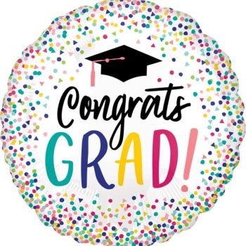 Graduation balloon with colorful confetti design.
