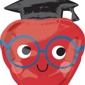 Apple balloon with glasses and graduation cap.