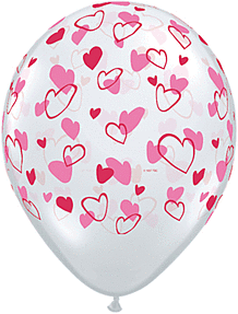 Transparent balloon with pink and red heart patterns.