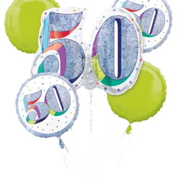 Colorful 50th birthday balloons with glitter accents.